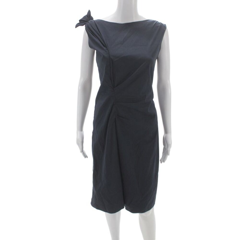 Prada Women Sheath Dress Black Cotton Boat Neck Mid Calf Size 44